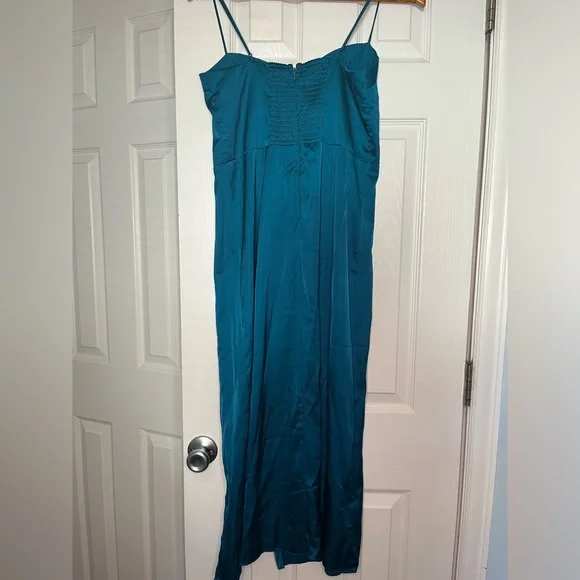 A&F satin high slit midi dress spaghetti strap Camille M party holiday teal - Picture 11 of 11